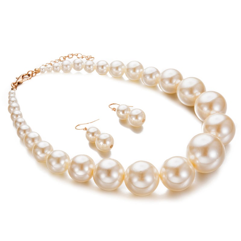 Yuhuan Womens Faux Big Pearl Choker Necklace and Earring Set Fashion Pearl Set - Image 3